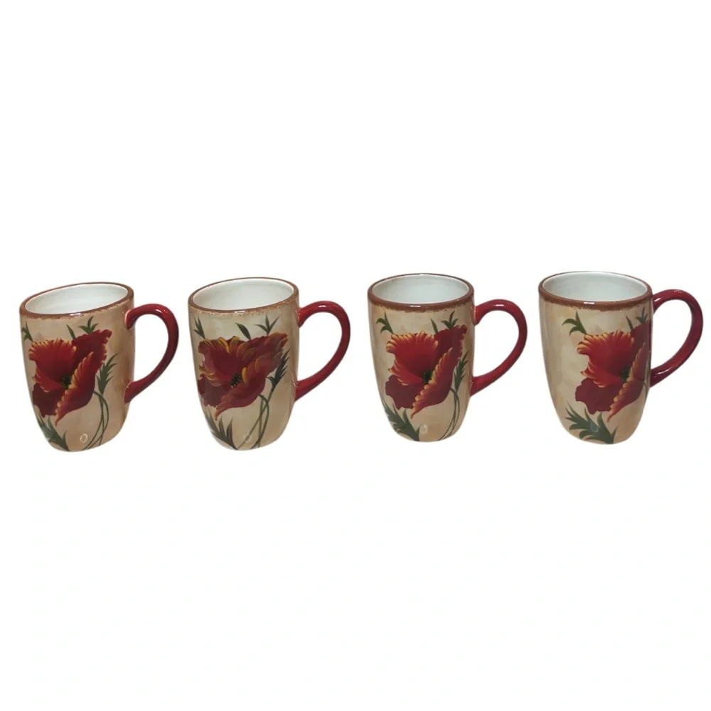 Pier 1 Poppies Mug 4 Piece Set Hand Painted Earthenware Replacements Red Floral